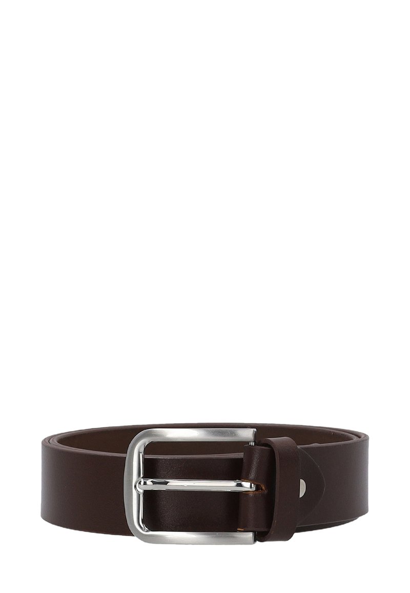 Brown leather belt with a shiny silver rectangular buckle, featuring a smooth texture and a simple design, suitable for various outfits.