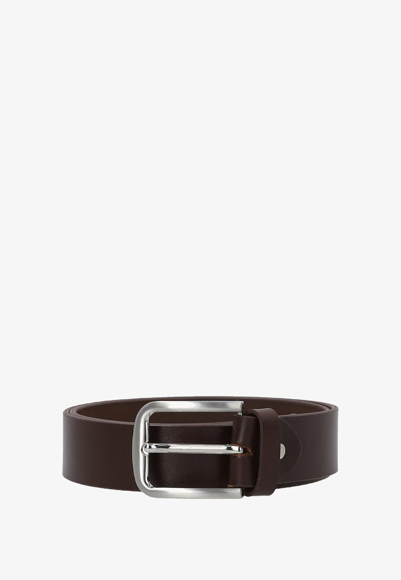 Brun læderbælte med en skinnende sølv rektangulær spænde, der har en glat overflade og et enkelt design, passende til forskellige outfits.