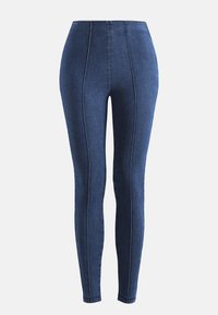 Hoge taille, figure-hugging denim leggings in donkerblauw met opvallende witte stiksels en een gladde textuur.