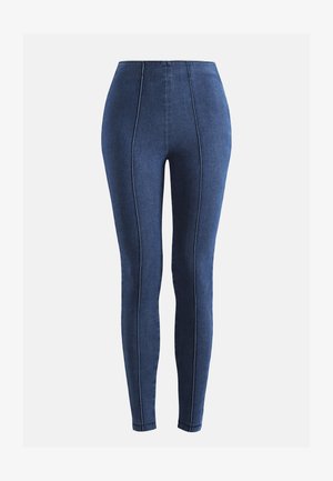 Hoch-taillierte, enganliegende Denim-Leggings in Dunkelblau mit auffälligen weißen Nähten und glatter Textur.