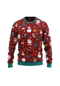 Red Christmas sweater featuring Santa, snowmen, reindeer, and gifts in various colors. Ribbed green cuffs and hem, textured fabric.