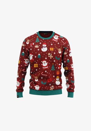 Red Christmas sweater featuring Santa, snowmen, reindeer, and gifts in various colors. Ribbed green cuffs and hem, textured fabric.