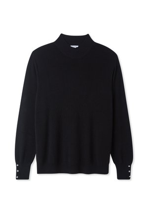 Czarny, prążkowany sweter z golfem i długimi rękawami. Posiada cztery dekoracyjne guziki przy mankietach. Miękka dzianina, dopasowany krój.