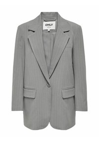 Blazer gris a rayas con solapa muesca, dos bolsillos frontales, cierre de un solo botón y un corte relajado. La tela parece suave.