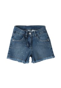 Shorts in denim di blu medio, con orlo sfrangiato e strass decorativi sul davanti. Design standard a cinque tasche e chiusura con bottone.
