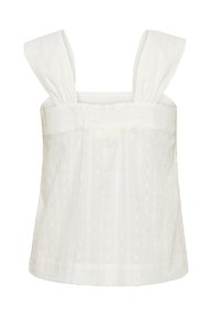 Blouse blanche sans manches avec larges bretelles, tissu texturé présentant des rayures verticales et un dos smocké pour une silhouette ajustée.