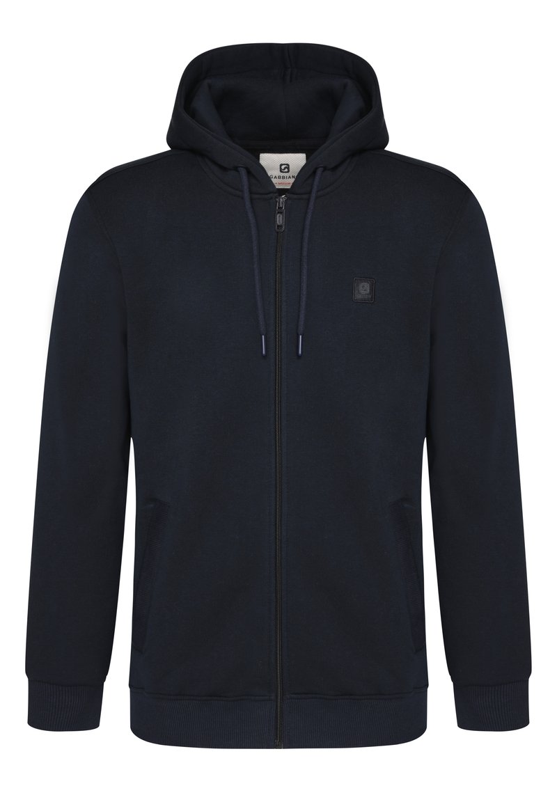 Felpa blu navy con zip completa, polsini e orlo a coste, tasche a marsupio e un piccolo logo sul petto. Tessuto morbido.