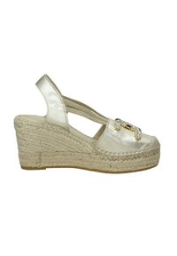 Espadrillas con tacco a cuneo, in tessuto metallico dorato, suola in juta intrecciata naturale, fasce elastiche e dettagli decorativi in strass sulla parte anteriore.