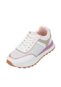 Scarpa da ginnastica bianca con accenti rosa e beige, realizzata in materiale mesh e sintetico, suola ammortizzata e suola esterna in gomma testurizzata.