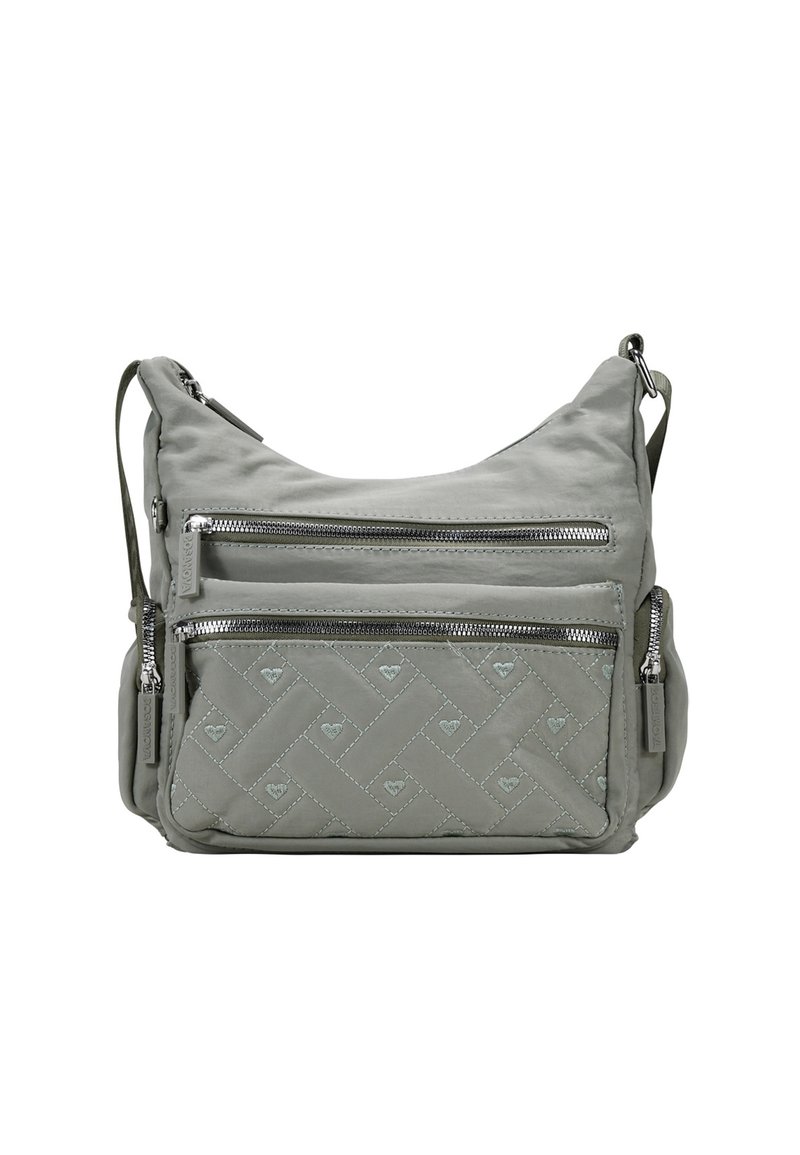 Bolso de hombro de nylon gris con múltiples compartimentos con cremallera, textura en patrón de diamante y detalles en hardware plateado.