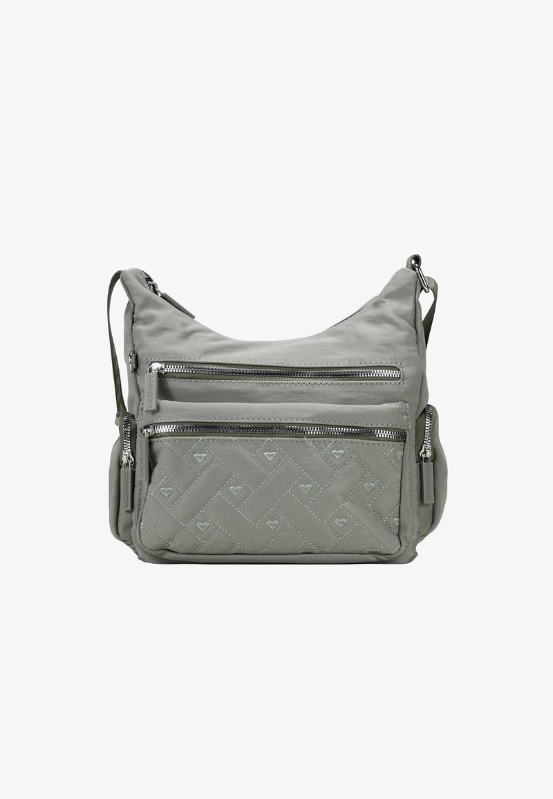 Bolso de hombro de nylon gris con múltiples compartimentos con cremallera, textura en patrón de diamante y detalles en hardware plateado.