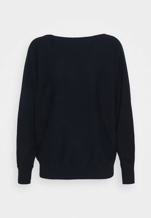 Black knit sweater with a wide neckline, long sleeves, and ribbed cuffs and hem. Solid color with a smooth texture.