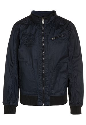 Marineblauwe casual jack met rits aan de voorkant, geribde manchetten en zoom, ritszak op de borst en geborduurd logo op de linkerborst.