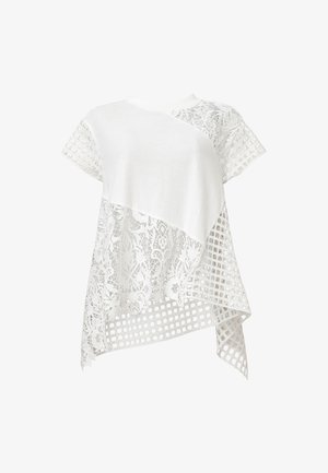 White t-shirt featuring a mix of lace and mesh paneling, asymmetrical design, short sleeves, and a textured finish.