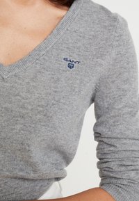 Grijze V-hals trui van zacht gebreid materiaal. Heeft ribgebreide manchetten en een klein blauw GANT-logo op de borst.