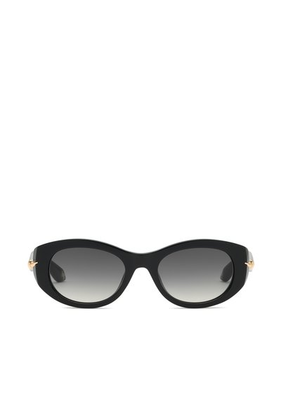 Lunettes de soleil œil de chat noires avec des verres dégradés du foncé au clair et petits accents dorés sur les charnières, vues de face.