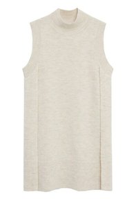 Débardeur beige en tricot sans manches avec un col montant rond et des bords côtelés, conçu pour être superposé et offrir de la chaleur.