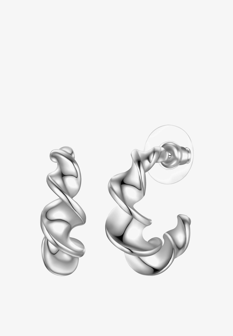 Sidabriniai metaliniai auskarai, turintys suktinį, skulptūrinį dizainą su lygiais paviršiais. Sudaryti iš dviejų dalių: auskaras su koteliu ir didesnė žiedinė forma.