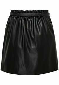 Zwarte leren rok met een elastische tailleband en een afneembare riem. Kenmerkt zich door een geraffineerde textuur en een ontwerp dat boven de knie valt.
