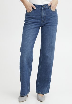 Hoge taille, rechte jeans in donkerblauwe denim. Voorzien van zijzakken, riemlussen en een klassieke knoopsluiting. Gladde textuur.