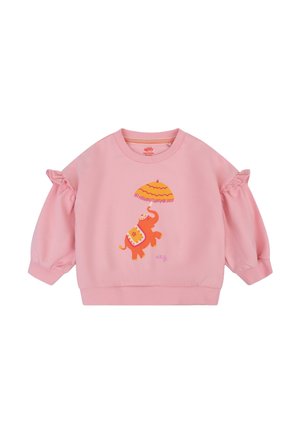 Roze sweatshirt met opgepofte mouwen. Heeft een kleurrijke olifantgrafiek en een parapluontwerp. Gemaakt van zacht materiaal.