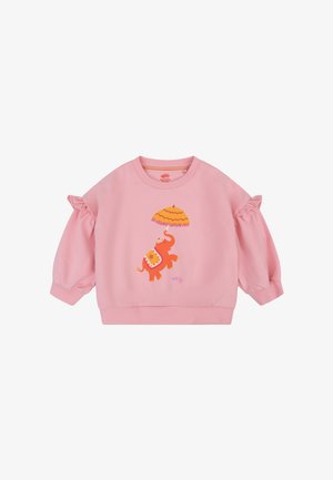 Roze sweatshirt met opgepofte mouwen. Heeft een kleurrijke olifantgrafiek en een parapluontwerp. Gemaakt van zacht materiaal.