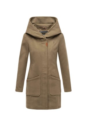 Cappotto cappuccio verde oliva, tessuto morbido, maniche lunghe, due tasche frontali, ricamo logo discreto, design di lunghezza media, linee pulite, look moderno.