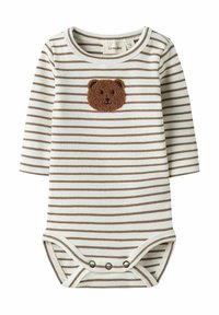 Prążkowane body w kolorze kremowo-brązowym, wykonane z prążkowanej tkaniny, z teksturowaną aplikacją brązowego misia na piersi oraz zatrzaskiem na dole.