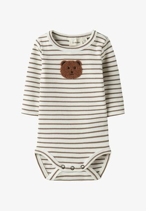 Body de rayas en tejido acanalado crema y marrón, con un aplique texturizado de un oso marrón en el pecho y cierre de broches en la parte inferior.