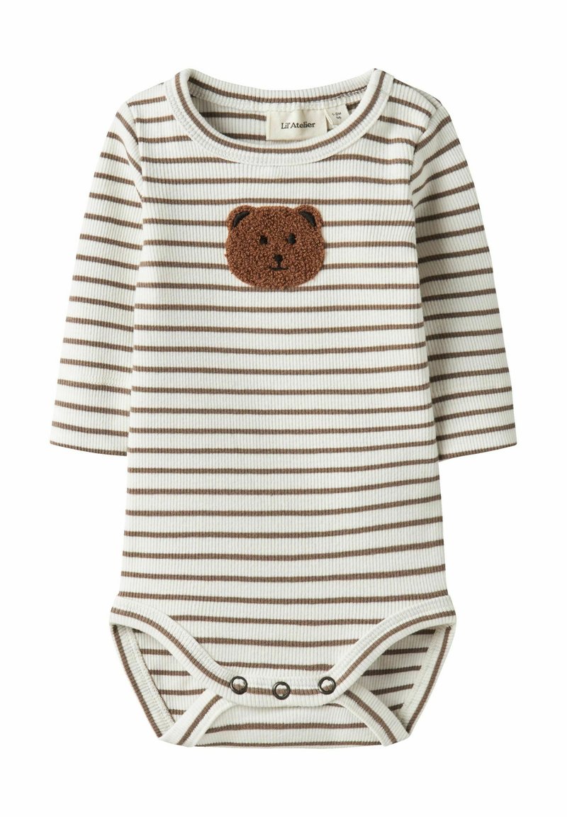 Prążkowane body w kolorze kremowo-brązowym, wykonane z prążkowanej tkaniny, z teksturowaną aplikacją brązowego misia na piersi oraz zatrzaskiem na dole.