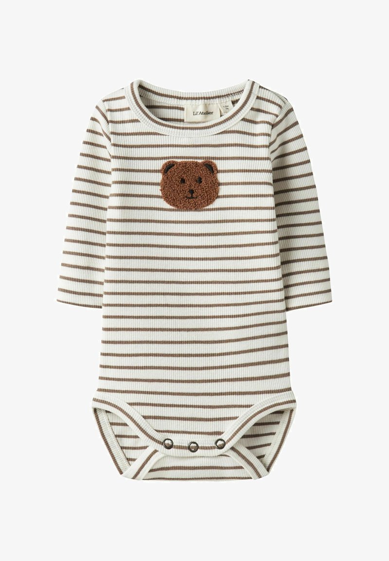 Prążkowane body w kolorze kremowo-brązowym, wykonane z prążkowanej tkaniny, z teksturowaną aplikacją brązowego misia na piersi oraz zatrzaskiem na dole.
