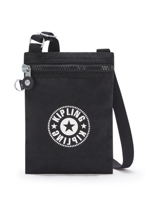 Black fabric crossbody bag with a front zip pocket, featuring a circular white logo with a star. Adjustable strap and metal hardware.