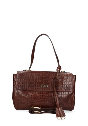 Borsa a mano in pelle marrone con embossing in pelle di coccodrillo. Presenta una maniglia superiore, una tracolla staccabile e dettagli in metallo dorato.