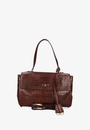 Brown leather handbag with crocodile embossing. Features a top handle, detachable shoulder strap, and gold hardware accents.