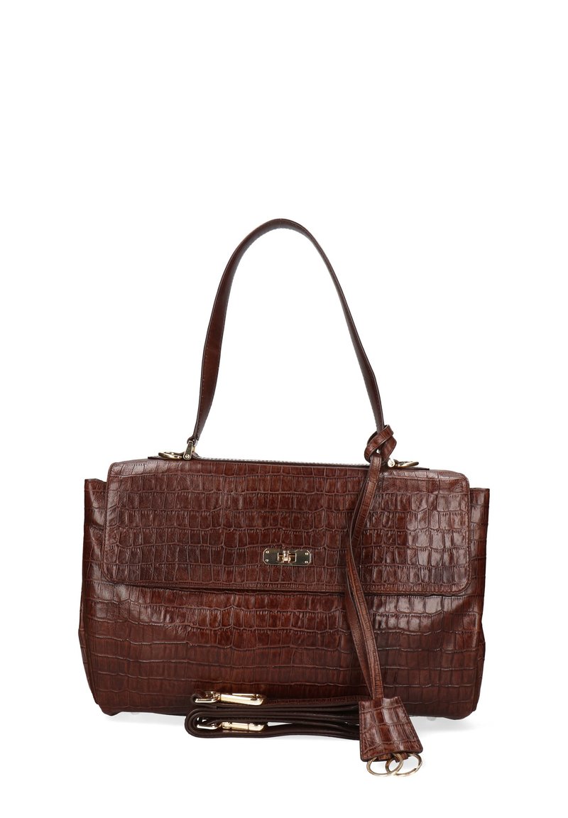 Sac à main en cuir marron avec embossage crocodile. Dispose d'une poignée supérieure, d'une bandoulière amovible et d'accents en métal doré.