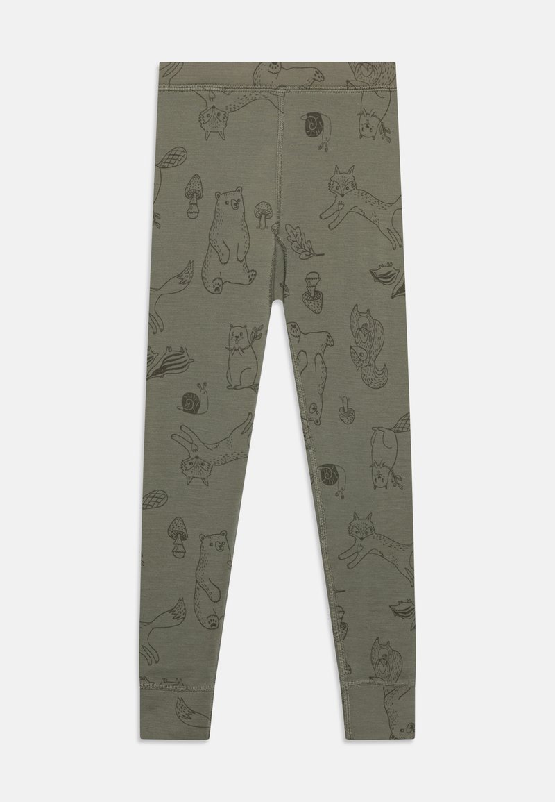 Green leggings featuring black drawings of animals and nature, including bears, foxes, and mushrooms, with a smooth, stretchy texture.