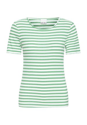 Maglietta a righe verdi e bianche, maniche corte, scollo rotondo, texture a coste, forma aderente, leggermente elasticizzata.