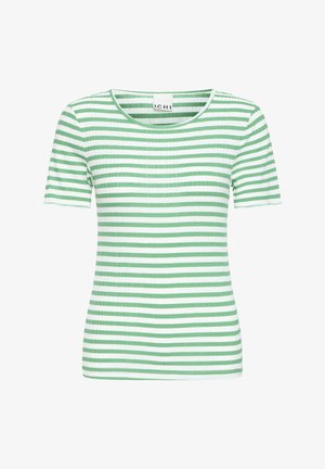 Maglietta a righe verdi e bianche, maniche corte, scollo rotondo, texture a coste, forma aderente, leggermente elasticizzata.