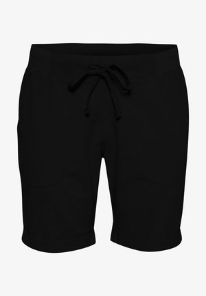 Mustat shortsit, jotka on valmistettu kevyestä kankaasta, jossa on elastinen vyötärö, nauhakuji, kaksi sivutaskua ja käännetyt helmat.