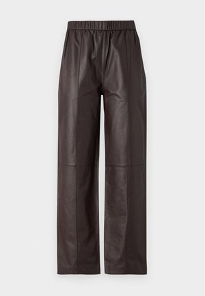 Brown leather wide-leg pants with an elastic waistband and a smooth texture, featuring seam detailing on front and back.