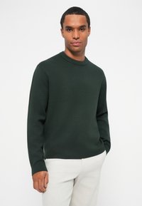Pulover tricotat verde închis, cu guler rotund și mâneci lungi, asociat cu pantaloni de culoare deschisă. Textură netedă, design simplu.