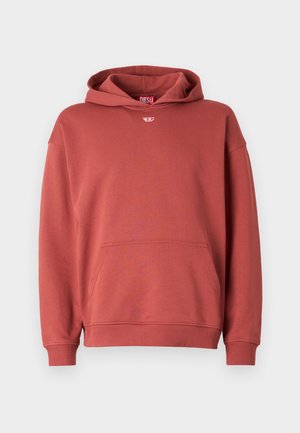 Red cotton hoodie with a kangaroo pocket, ribbed cuffs, and hem. Features a small logo on the chest and a drawstring in the hood.