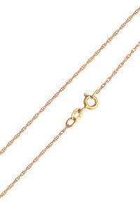 Zelta krāsas ķēdes kaklarota ar izgriezto dizainu, kas aprīkota ar drošu omāra aizdari. Gredzeni ir mazi un savienoti delikātā rakstā.