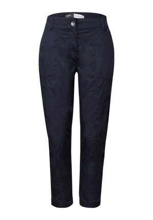 Marineblaues, cropped Hosen aus leichtem Stoff, mit einem vorderen Knopfverschluss, dezenten Nähdetails und einer geraden Passform.