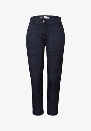 Laivansiniset lyhyet housut, jotka on valmistettu kevyestä kankaasta ja joissa on etunappi, hillitty sauman yksityiskohtia ja suora malli.