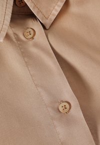 Lichtbruin shirt met een gladde textuur, voorzien van een puntige kraag en twee ronde, lichtbruine knopen op de voorplacket.