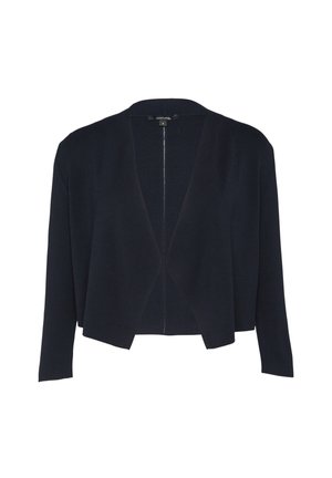 Navy blue knitted cardigan with a relaxed fit, open front, and long sleeves. Features a subtle textured pattern and minimal stitching detail.