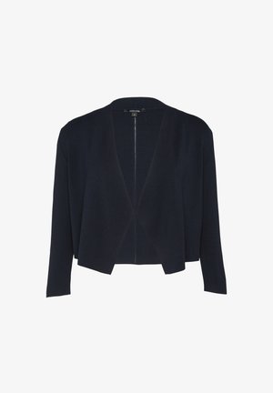 Marineblauer Strickcardigan mit lockerer Passform, offenem Vorderteil und langen Ärmeln. Verfügt über ein subtile strukturiertes Muster und minimale Nähdetails.