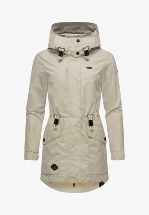 Light beige rain jacket featuring a hood, drawstring waist, two front pockets, snap closures, and a longer back hem. Waterproof material.