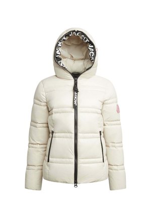 Giacca imbottita di colore bianco sporco, con cappuccio foderato in logo nero, zip frontale, due tasche laterali e dettagli di cucitura per l'isolamento.